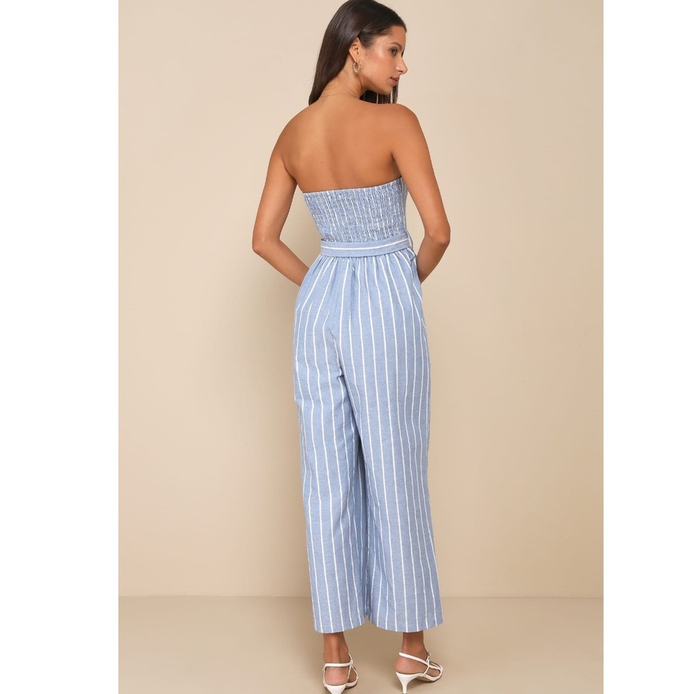 Lulus Sunny Day Classic Blue White Striped Strapless Jumpsuit Linen Blend Small - Picture 2 of 9
